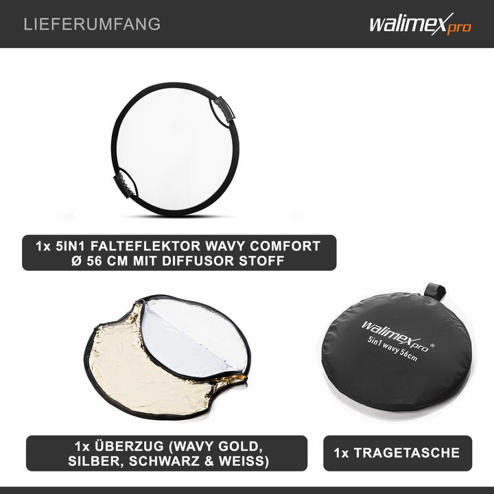Image du produit Walimex pro Pro 5 in 1 Faltreflektor wavy comfort (Réflecteur rabattable, 56 cm)
