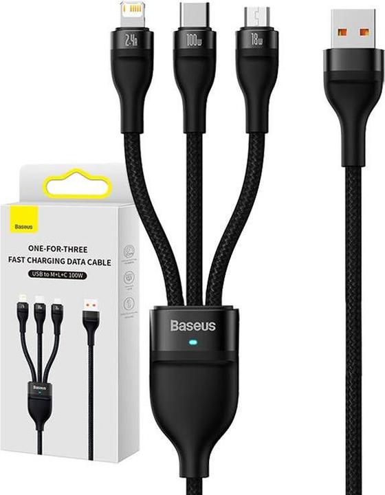 Immagine prodotto Baseus Cavo USB 3in1 Serie Flash, USB-C + micro USB + Lightning, 100W, 1,2 m (nero) (1.20 m, USB 3.2 Gen 1, 100 W)