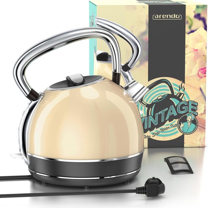 Produktbild Arendo Wasserkocher 1,7 l, 2200 W, Edelstahl, Retro Style, Vintage, Überhitzung & Trockenkochschutz, beige (1.70 l)