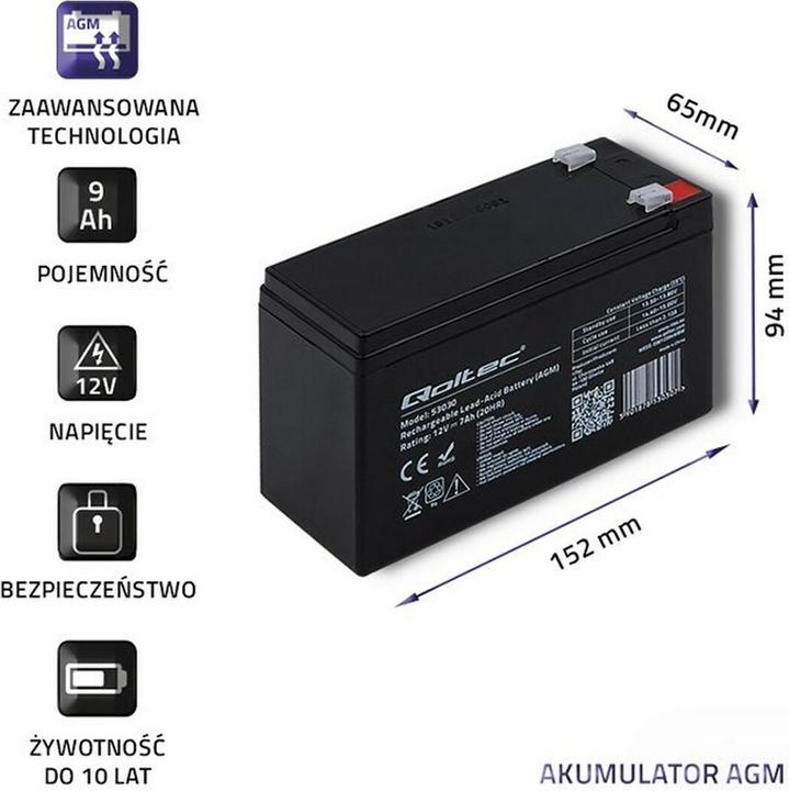 Actual product image Qoltec 53031 AGM battery| 12V| 9Ah| max 135A - Battery - 9.000 mAh (12 V, 9 Ah)