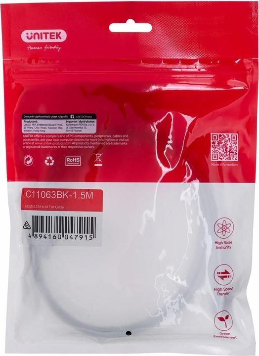 Produktbild Unitek KABEL HDMI 2.0 4K60HZ PŁASKI 1 5M (1.50 m, HDMI)