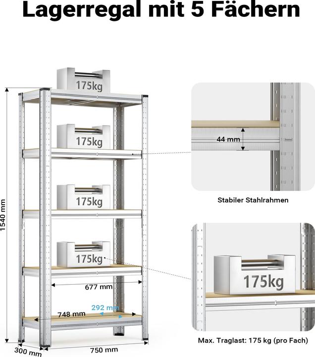 Actual product image Wiltec Heavy-duty Shelving System Zincked Boltless Steel 154x75x30cm Total Load of 875kg 5 Racks