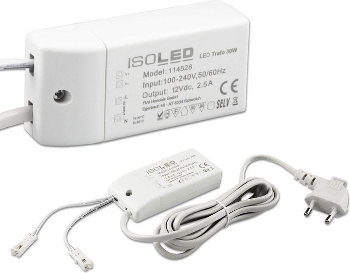 Immagine prodotto Isoled Trasformatore LED MiniAMP 12V/DC, 0-30W, cavo da 200 cm con spina piatta, secondario 2 prese femmina