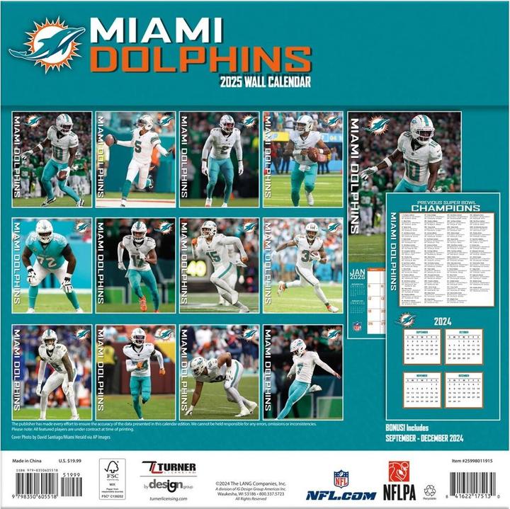 Image du produit NFL - Miami Dolphins - Calendrier mural de l'équipe 30,5 x 30,5 cm 2025 (30,5 x 30,5 cm, Français, Italien, Espagnol, Allemand, Anglais)