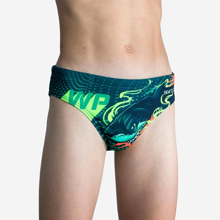 Watko Badehose Slip Wasserball Jungen - 500 Shark dunkelblau/türkis (6, 7, 8)