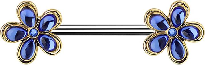 Star Piercing Barbell vergoldet mit Blume und Kristall blau (Chirurgenstahl 316L, Messing)