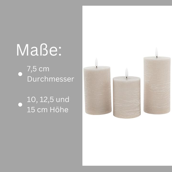 Produktbild Novaliv 3er Set Led Kerzen 7,5cm ø Kerze flackernde Flamme mit Fernbedingung GRAU TAUPE 15 cm + 12,5 cm + 10 (3 x)
