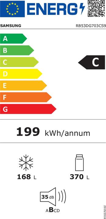 Energie-Label Samsung RB53DG703CS9EF, K?hl-/Gefrierkombination (edelstahl, AI Energy Mode, Twin Cooling Plus, Metal Coolin (538 l)