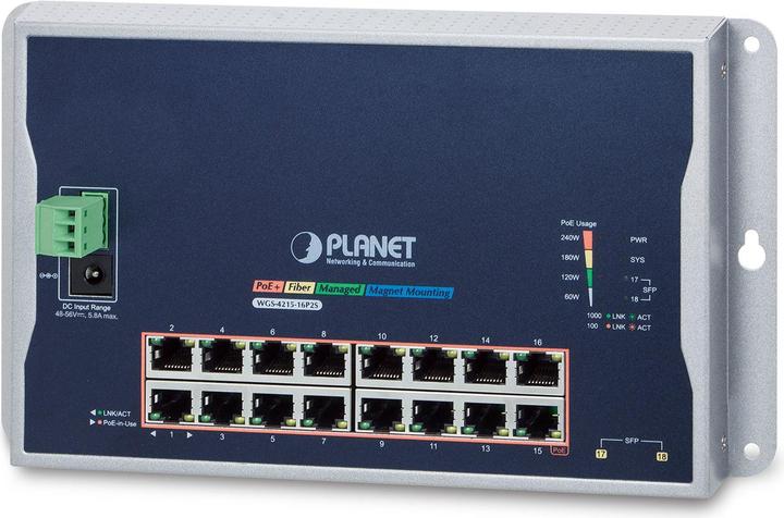 Image du produit Planet WGS-4215-16P2S Commutateur réseau géré L2 Gigabit Ethernet (10/100/1000) Power over Ethernet (PoE) (16 Ports)