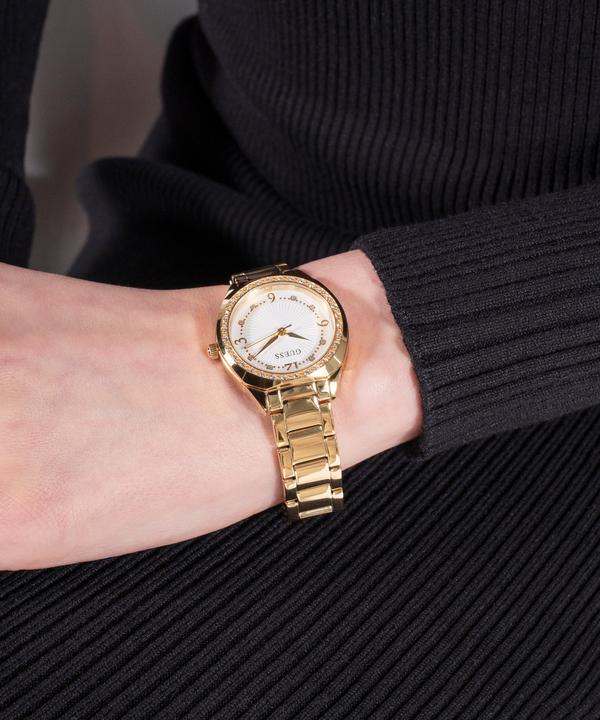 Actual product image Guess P GLD CS W/ CRYS / SUN WHT DL / P GLD BRCT Wristwatch (Watch with gemstone, 30 mm)