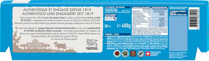 Nährwerte und Zutaten Cailler Tafelschokolade Milch mit Haselnüssen (400 g)