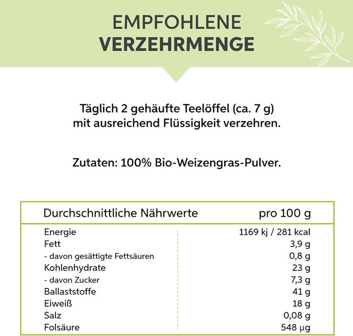 Valori nutrizionali e ingredienti Eltabia Polvere di erba di grano biologica (Polvere, 100 g)