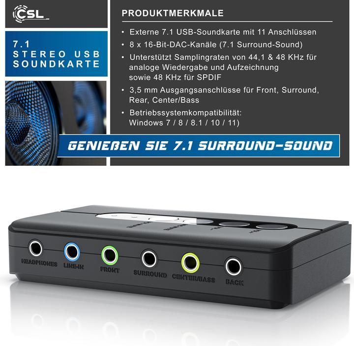 Immagine prodotto CSL Scheda audio USB esterna, audio surround 7.1, adattatore audio stereo, per PC - Win 10, 11 (USB)
