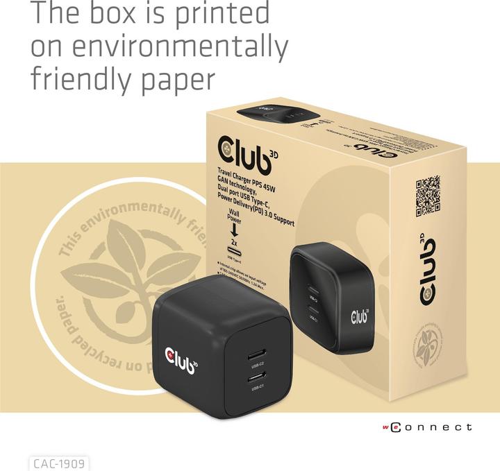 Image du produit Club 3D Chargeur PPS 45W GAN, Power Delivery (PD) 3.0 (45 W)
