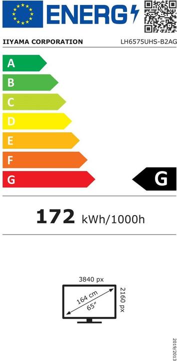 Label énergétique iiyama 65" 3840x2160, UHD IPS panel, Haze 25% (3840 x 2160 pixels, 64.50")