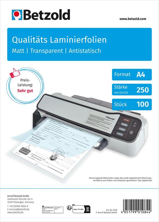 Produktbild Betzold Karton mit 100 Laminierfolien matt, DIN A4, 250 mic (A4, 100 Stück, 250 µm)