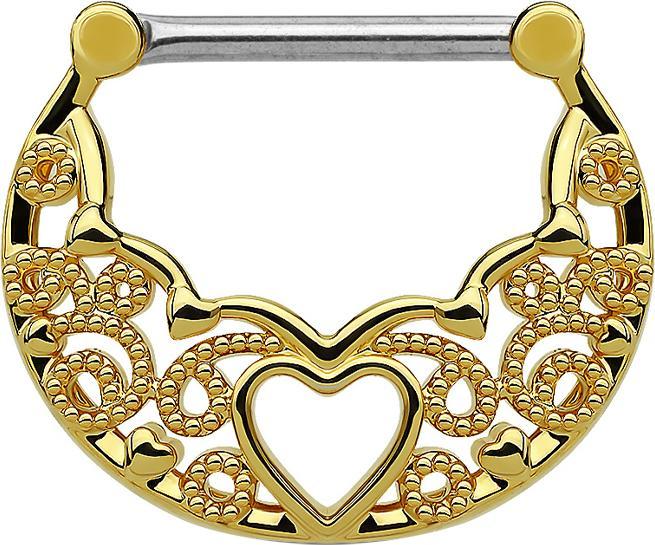 Star Piercing Septum Ring filigran mit Herz vergoldet (Messing, Chirurgenstahl 316L)