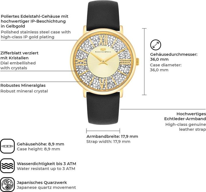 Produktbild Damen Quarzuhr Pamina Echtleder schwarz - 23882 (Analoguhr, 36 mm)