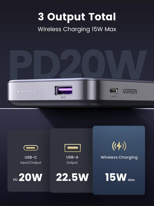 Productafbeelding Ugreen UGREEN10000mAhMagnetischeDraadlozePowerBank(SpaceGray) 15086 (10000 mAh, 20 W, 37 Wh)