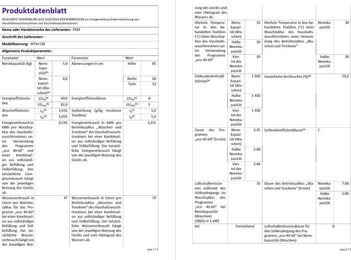 Produktbild PKM Waschtrockner WT8+5BE Funktion 8 kg waschen und 5 kg trocknen