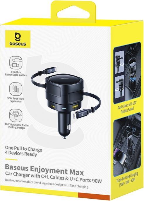 Actual product image Baseus Enjoyment Max Car Charger C+L Cables & U+C Ports 90W Cosmic Black