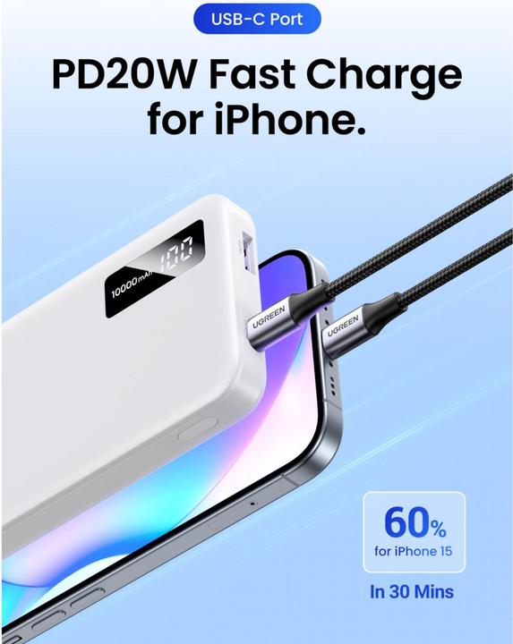 Actual product image Ugreen 10000mAh Two-way Fast Charging Powerbank White (10000 mAh, 22.50 W, 38.20 Wh)