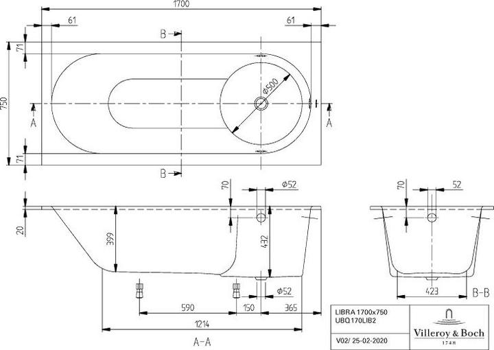 Produktbild Villeroy & Boch V&B Einbauwanne LIBRA R-eck1700x750mm we (170 cm, 75 cm)