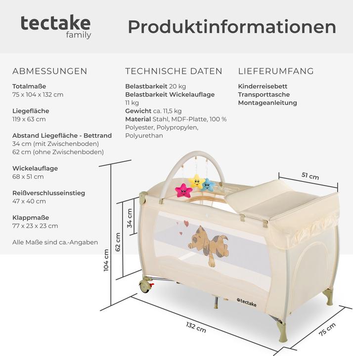 Produktbild tectake Kinderreisebett Hund mit Wickelauflage und Transporttasche
