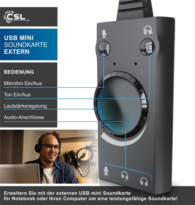 Immagine prodotto CSL Scheda audio USB con suono surround, mini scheda audio USB esterna con controllo del volume (USB 2.0)