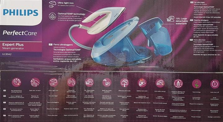 Produktbild Philips GC8942/20 PerfectCare Expert Plus Dampfbügelstation, blau/weiss (2100 W, 480 g/min)