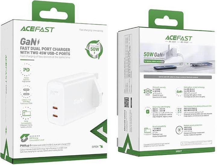 Image du produit Acefast GaN charger (UK plug) 2x USB Type C 50W, Power Delivery, PPS, Q3 3.0, AFC, FCP (A32 UK) (50 W)