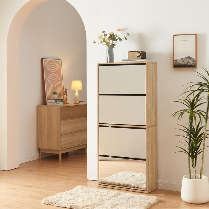 Actual product image En.Casa Schuhkipper Lund mit 4 verspiegelten Klappen Sonoma-Eichenoptik