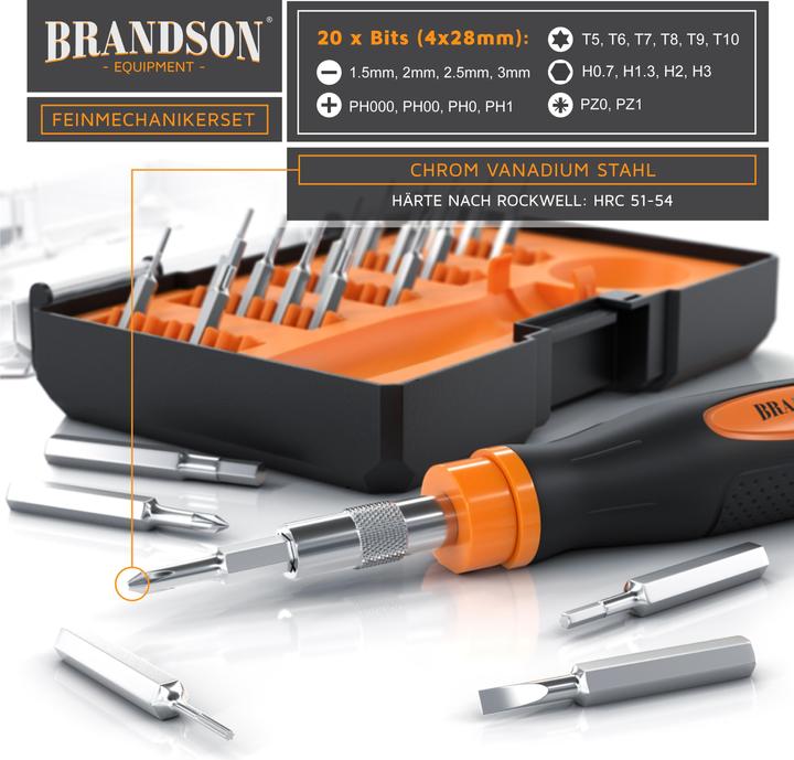Actual product image Brandson Screwdriver set 21-piece, mini bits, slotted, Phillips, hexagon socket, Torx, precision mechanics (Pozidriv cross recess (PZ), Pin-torx, Phillipps cross recess (PH), Port)