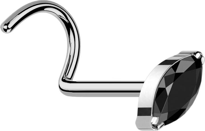Star Piercing Nasenstecker gebogen silber mit Oval Kristall schwarz (Titan G23, ohne Messing)