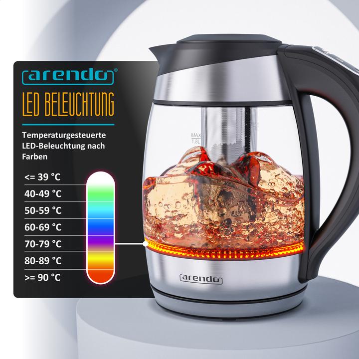 Produktbild Arendo Wasserkocher 1,8 L aus Glas & Edelstahl mit Temperatureinstellung & Teesieb, Teekocher 2200 W (1.80 l)