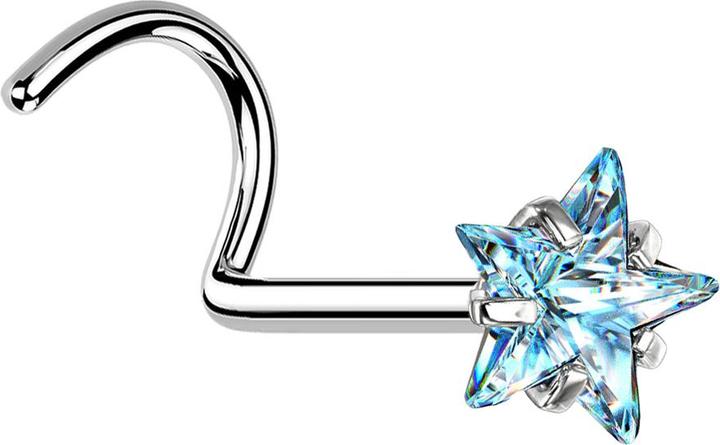 Star Piercing Nasenstecker gebogen silber Kristallstern aqua gefasst (ohne Messing, Chirurgenstahl 316L)