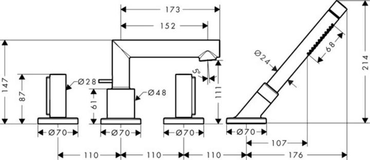 Produktbild Axor Uno 4-Loch Wannenrandarmatur, Zerogriff, Ausladung 152mm