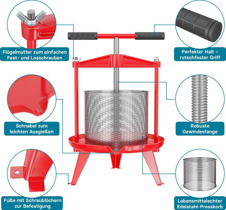Produktbild Wiltec Spindelpresse Edelstahl 14L Obstpresse Beerenpresse Saftpresse Weinpresse (EU-Stecker)