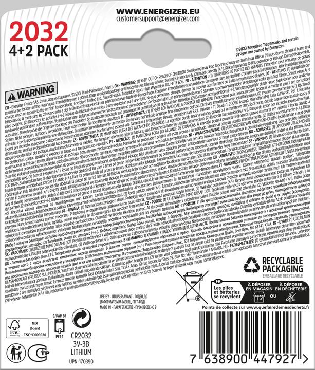 Immagine prodotto Energizer Pile a bottone 2032 E303945700 Litio 4+2pz. (10 pz., CR2032)