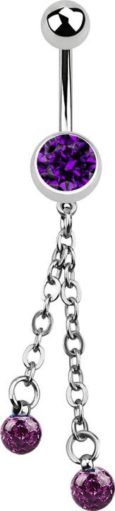 Star Piercing Banane silber mit Kette und zwei Kristallkugeln violett (Chirurgenstahl 316L, ohne Messing)