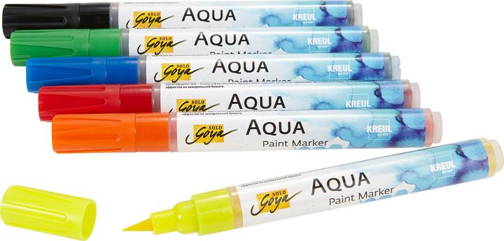 Actual product image SOLO GOYA Aqua Paint Marker Classic Colors Set of 6 (Black, Orange, Yellow green, Crimson, Cobalt blue, Lemon, 6 x)