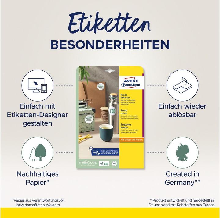 Image du produit Avery Etiquettes d'identification Zweckform, Diamètre : 80 mm blanches, rondes, réutilisables, papier