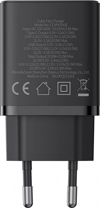 Produktbild Baseus Cube, 30W, 2.4A, 1 x USB-A - 1 x USB-C, schwarz (30 W)