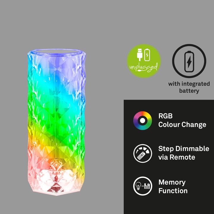 Immagine prodotto Briloner Lampada da tavolo ricaricabile a LED RGB, aspetto cristallino, trasparente, 1xLED/2.3W (65 lm)