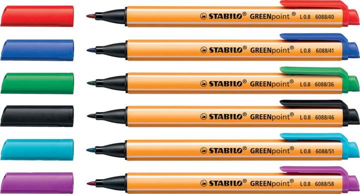Produktbild STABILO GREENpoint umweltfreundlicher Filzschreiber (Lila, Türkis, Blau, Rot, Grün, Schwarz, 6 x)