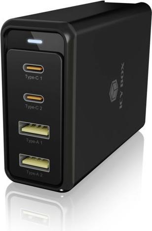 Produktbild Icy Box USB Power Delivery Netzteil, 100 Watt, 2x Type-C®, 2x Type-A, EU, UK, US Stecker (100 W)