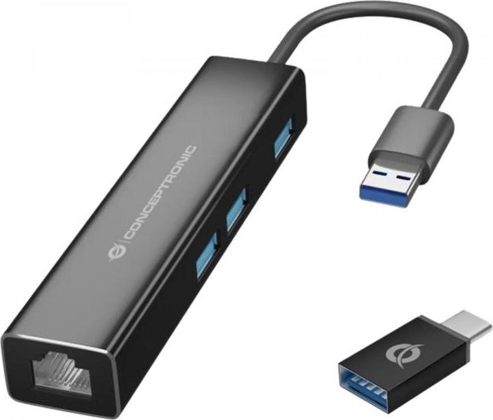 Immagine prodotto Conceptronic Adattatore USB3.0-> RJ45,3xUSB3.0,TypeC Ad 0,15m bw (USB-A, USB-C, 3 Porti)