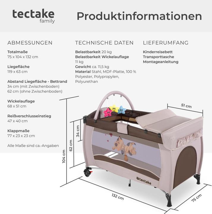 Actual product image tectake Travel cot dog with changing mat and carrying bag