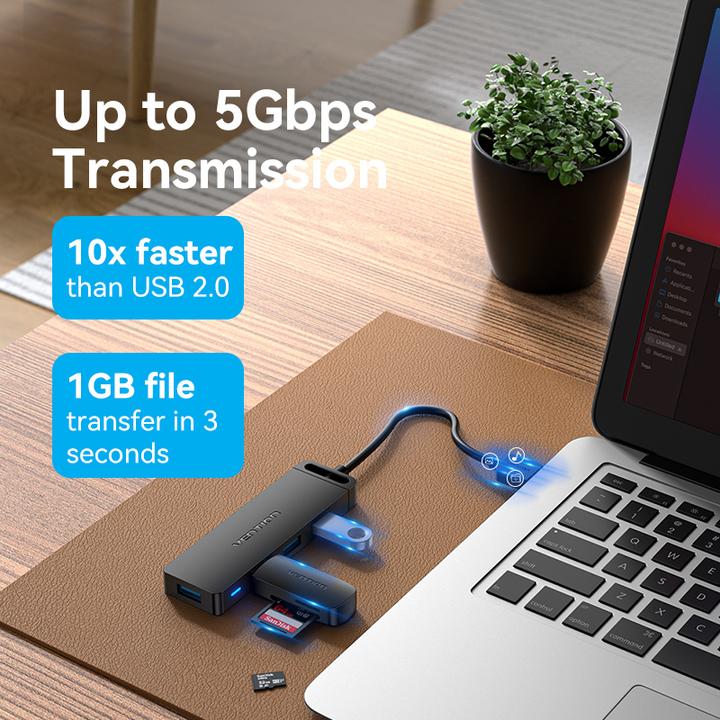 Productafbeelding Vention USB 3.0 4-poorts hub met voedingsadapter CHLBF 1m, Zwart (USB-C, 4 Havens)
