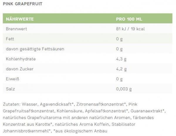 Nährwerte und Zutaten Acáo Erfrischungsgetränk Tray mit Pink Grapefruit & Guarana Bio (12 x 25 cl)